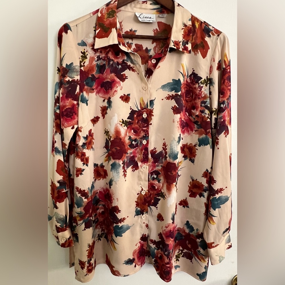 Linea by Louis Dell’Olio Floral Print Button Down Blouse, Size M
